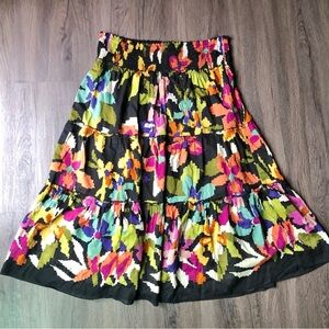 Tiered Floral Midi Skirt Size XL Black Cotton Colorful Boho Peasant Hippie